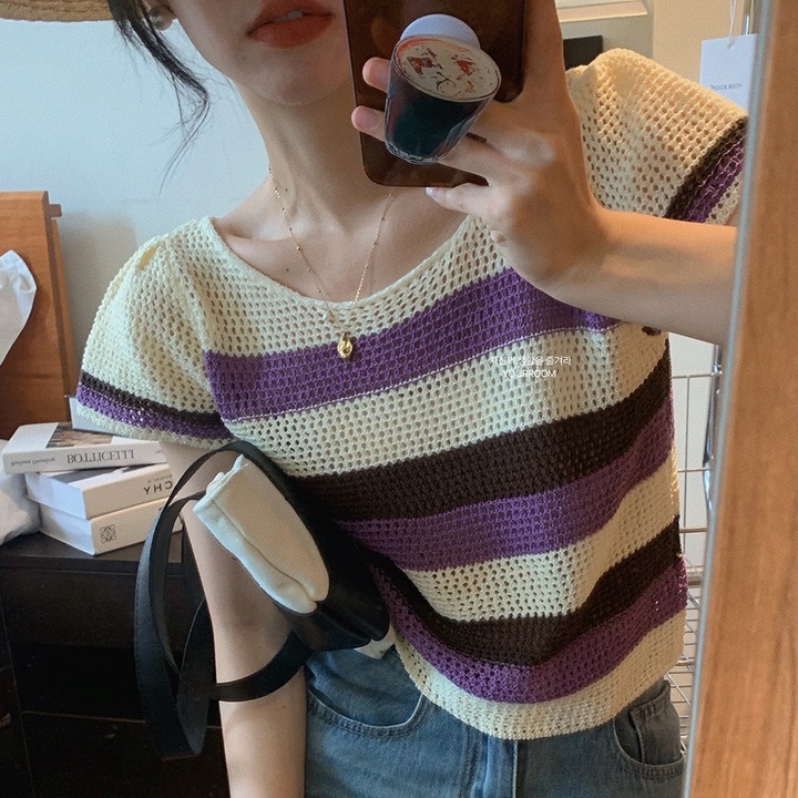 【ZHELIHANGFEI】Áo Thun Dệt Kim Tay Ngắn Dáng Rộng Kẻ Sọc Màu Sắc Tương Phản Độc Đáo