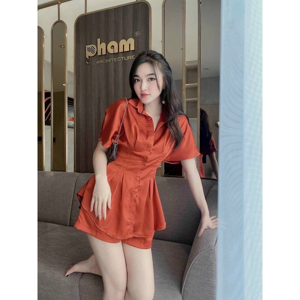 Sét bộ nữ đi chơi, áo sơ mi from dài kèm quần đùi