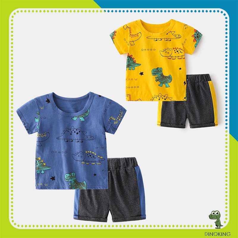 Bộ cộc tay bé trai DINOKING Set đồ bộ hè trẻ em xuất dư chất thun cotton họa tiết khủng long cho bé 2 - 8 tuổi DB06