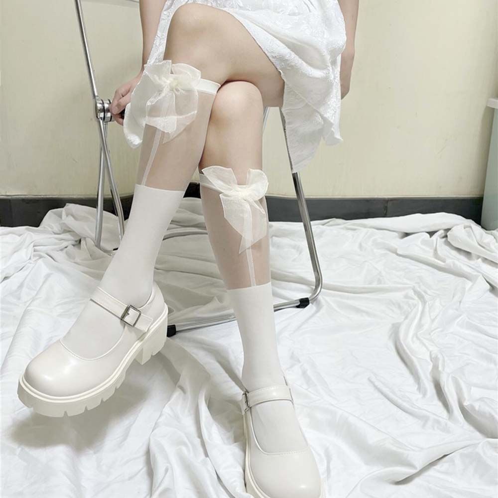 Đôi vớ dài tới gối phối ren đính nơ nhiều màu phong cách Lolita dễ thương cho nữ