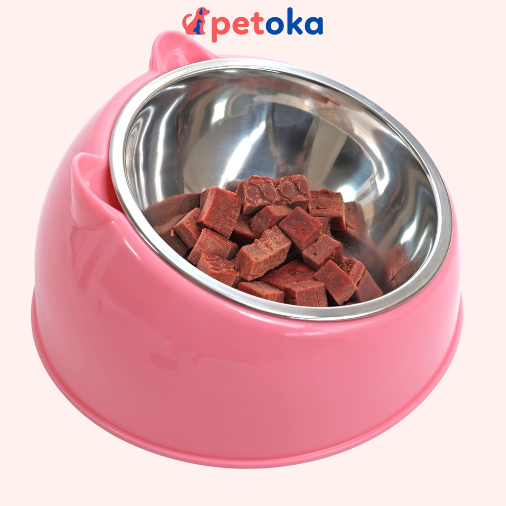 Bát ăn chống gù đơn cho mèo chó thú cưng bằng inox đế nhựa Petoka