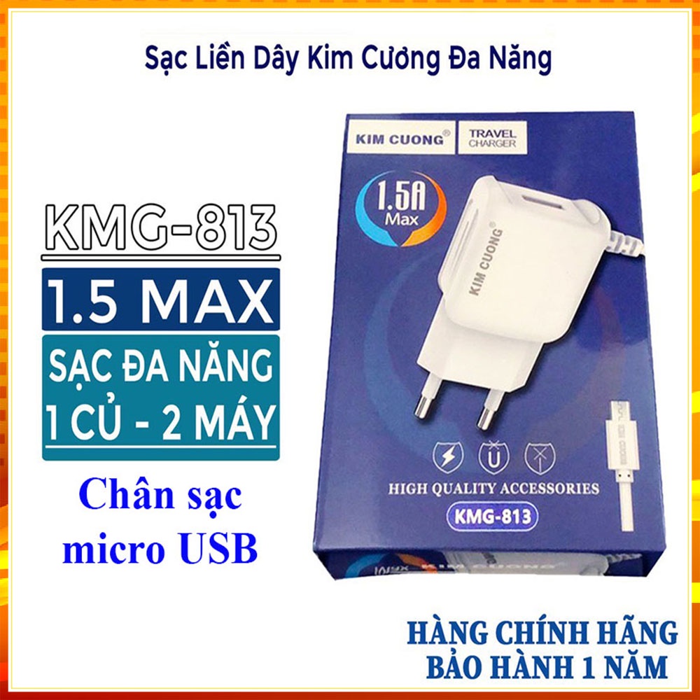 [BH 1 năm] Bộ sạc Kim Cương KMG-813 chân micro USB 1.5A tích hợp thêm cổng sạc phụ USB, chuyên dụng cho samsung oppo