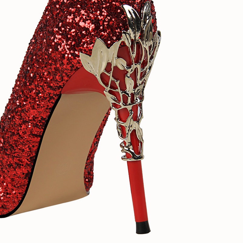 BIGTREE Giày Cao Gót 9.5cm Mũi Nhọn Miệng Nông Đính Kim Sa Lấp Lánh Thời Trang Cho Nữ Mall-9219-12