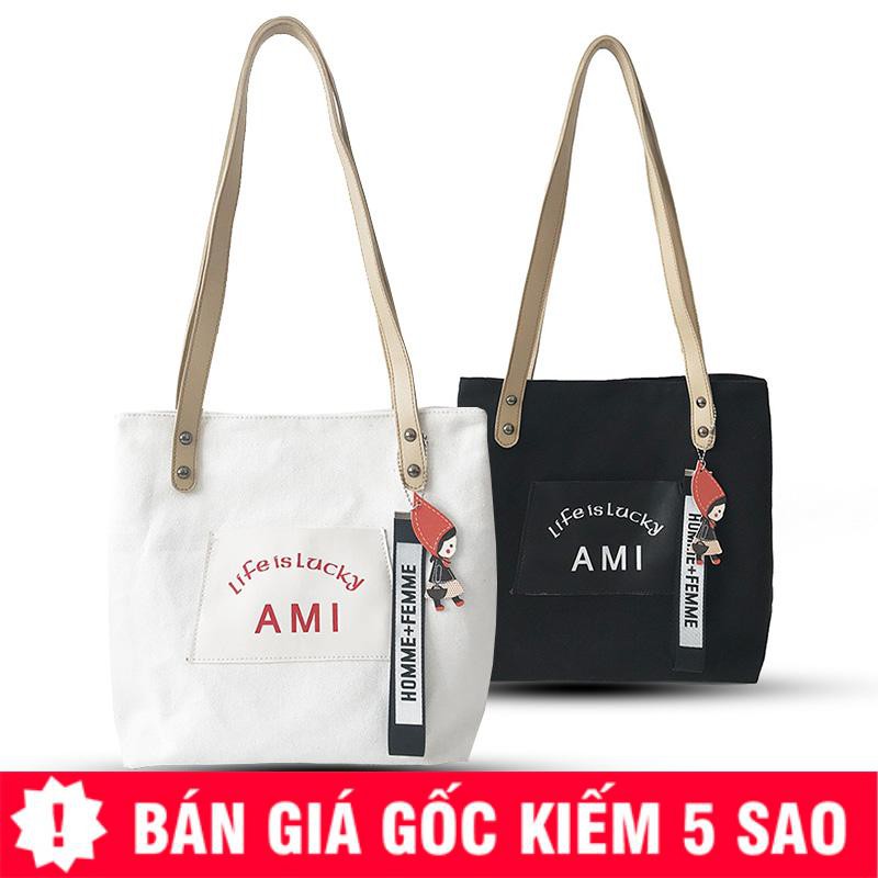 TÚI VẢI TOTE PHỐI DÂY DA TẶNG MÓC TREO AMI P1046