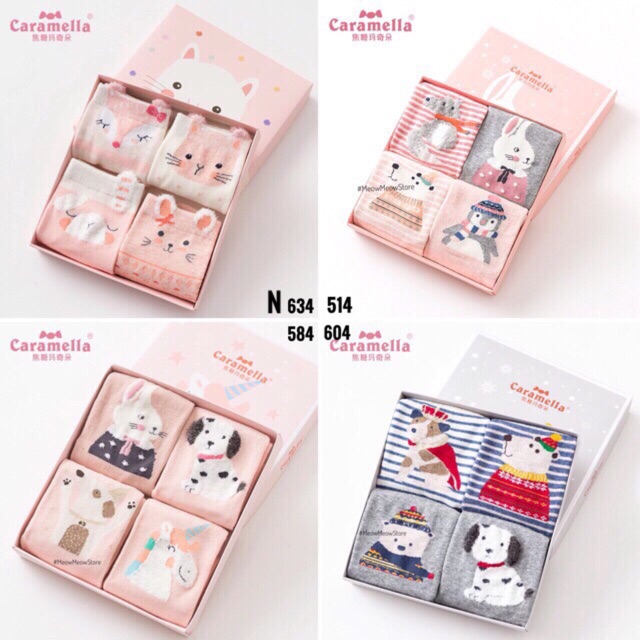 Set 4 đôi tất nữ cao cấp cổ cao hình thú hãng Caramella chất vải cotton co giãn mềm mại