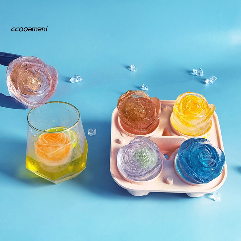 Khuôn làm đá 4 viên hình bông hoa hồng khay đá silicon có nắp xinh xắn cute khuôn làm thạch trang trí đồ uống tủ lạnh