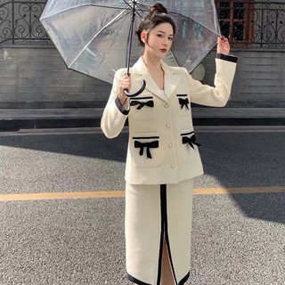 Set áo blazer dạ phối túi nơ + chân váy xẻ tà suông ulzzang