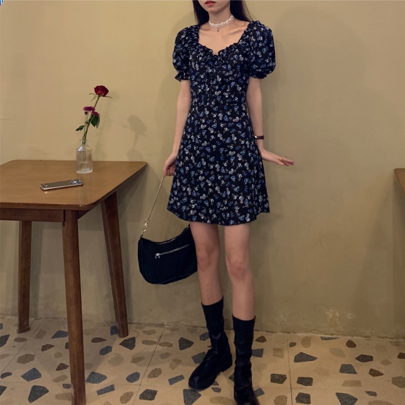 COZOK Đầm Hoa Mỏng Cổ Vuông Tay Phồng Thời Trang Xinh Xắn