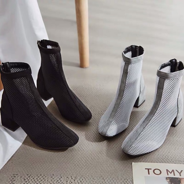 (Order) Boots lưới cổ thấp phối da lộn, gót vuông 5cm