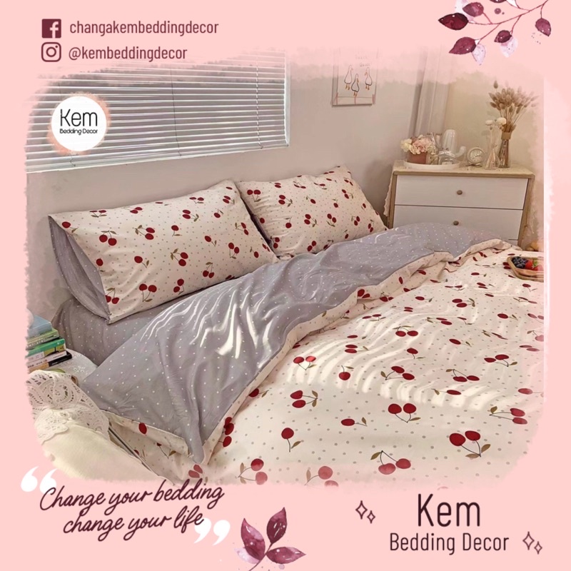 Set 4 món cotton living KemBedding hình cherry