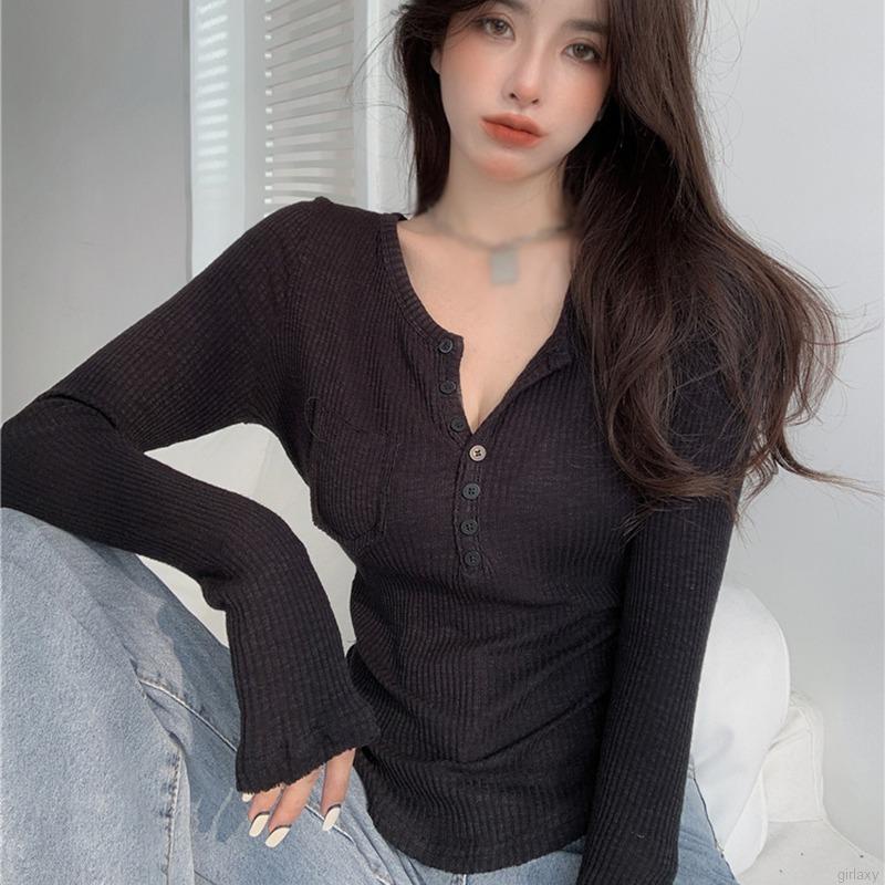 Áo Thun Tay Dài Cổ Chữ V Phong Cách Hàn Quốc Đơn Giản Cho Nữ