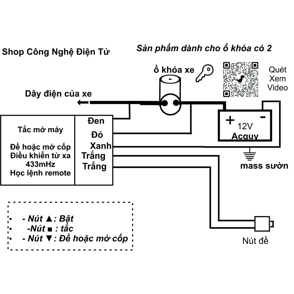 Điều khiển xe máy ( Bật / Tắt /đề) remote 3 nút cho ổ khóa 2 dây