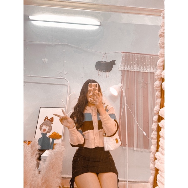 Áo cardigan len dáng ngắn phối màu vintage phong cách hàn quốc | BigBuy360 - bigbuy360.vn