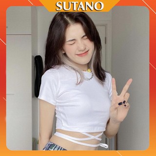 Áo Croptop Đan Dây Eo Phông thun body dáng ôm basic màu ĐEN | TRẮNG A341