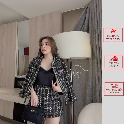 Set áo dạ tweed viền ngọc kèm chân váy kiểu hàn cao cấp thời trang nữ phong cách YoLo-Fashion