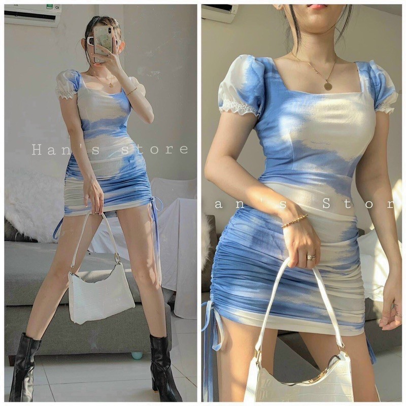 Free ship_Đầm body cổ U màu Loang xanh | BigBuy360 - bigbuy360.vn
