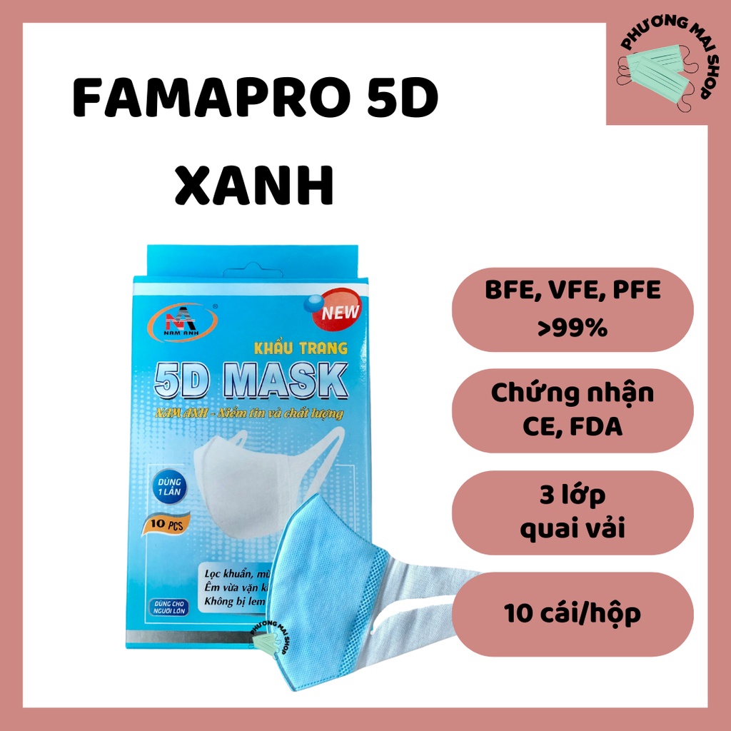 [5D MASK] Khẩu Trang Y Tế kháng khuẩn 3 lớp Famapro 5D quai vải - Hộp 10 cái