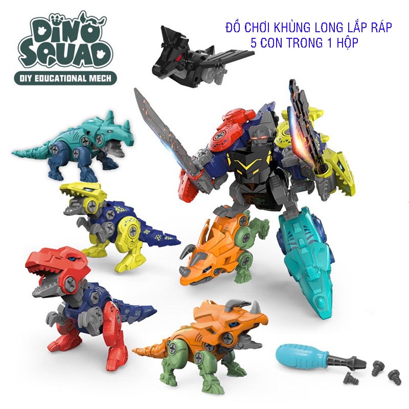 Đồ chơi 5 khủng long lắp ráp robot biến hình, kèm tô vít tháo lắp, khủng long bắn tên có hộp đựng cao cấp cho bé