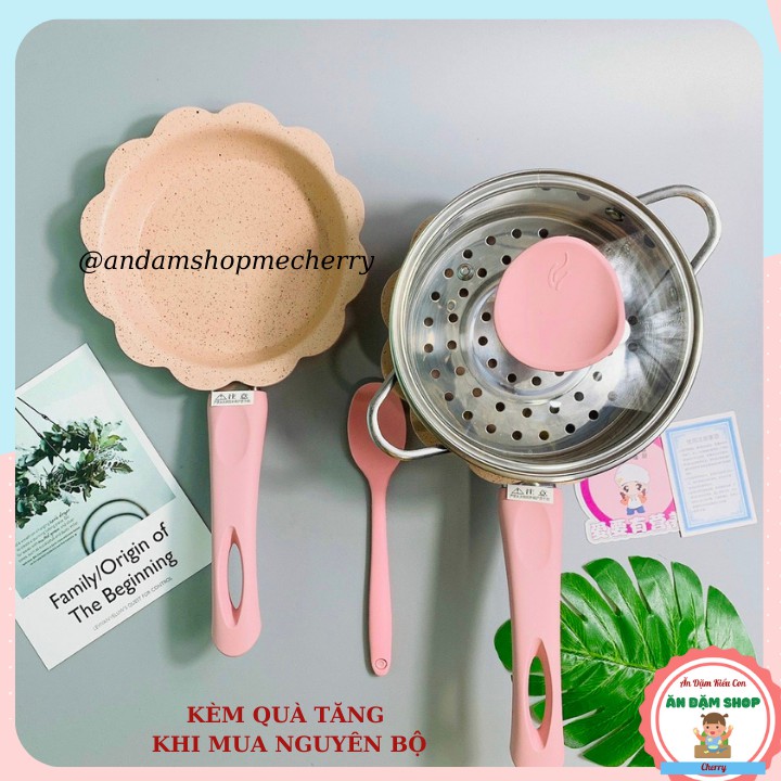 Bộ nồi chảo đá men hình hoa 16cm cho bé ăn dặm☘️Tặng xửng hấp☘️ giành cho mọi loại bếp