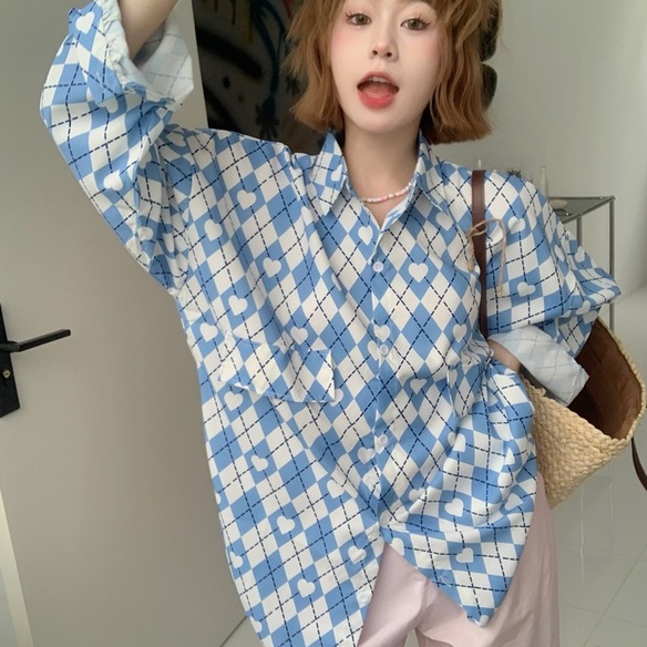 Áo sơ mi ZHELIHANGFEI tay dài dáng rộng họa tiết sọc theo phong cách Nhật Bản dễ phối đồ cho nữ