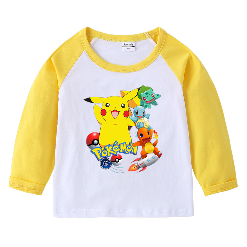 Áo Thun cotton Tay Dài Cổ Tròn In Hình Pikachu Cho Bé