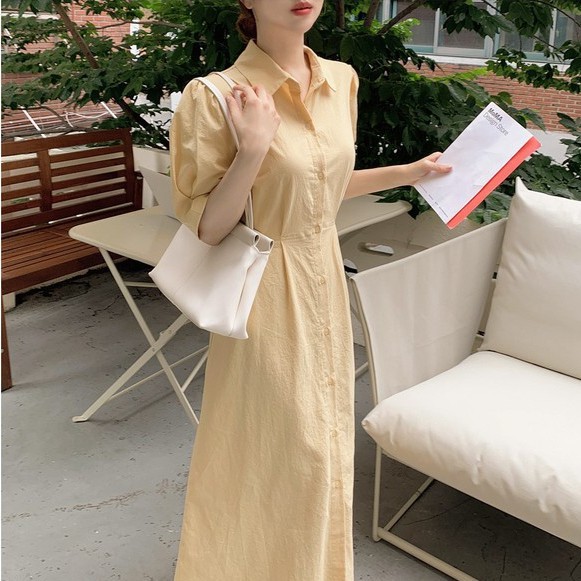 Đầm Dài Tay Phồng Màu Sắc Đơn Giản Phong Cách Hàn Quốc 45062