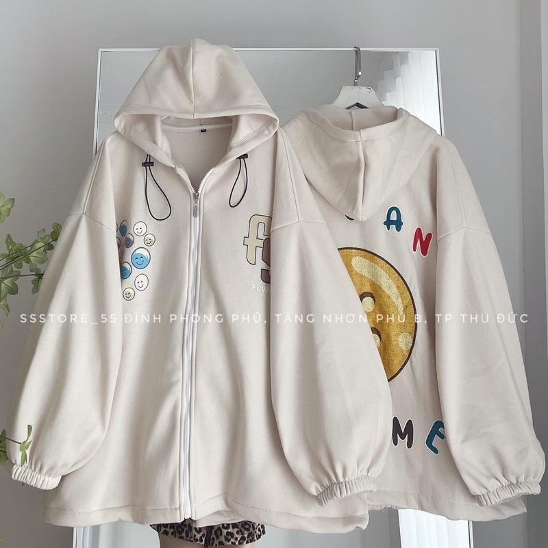 Áo Khoác nỉ bông FY mặt cười màu tan form rộng unisex nam nữ_SSSTore