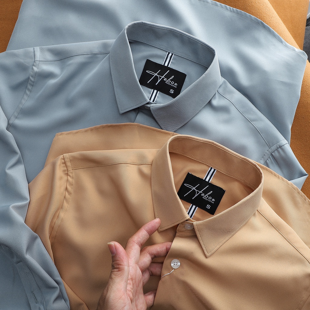 Áo sơ mi nam dài tay HEBOZ chất vải gân xéo nhỏ mềm mịn ít nhăn, 4 màu trơn basic slimfit - 00001064