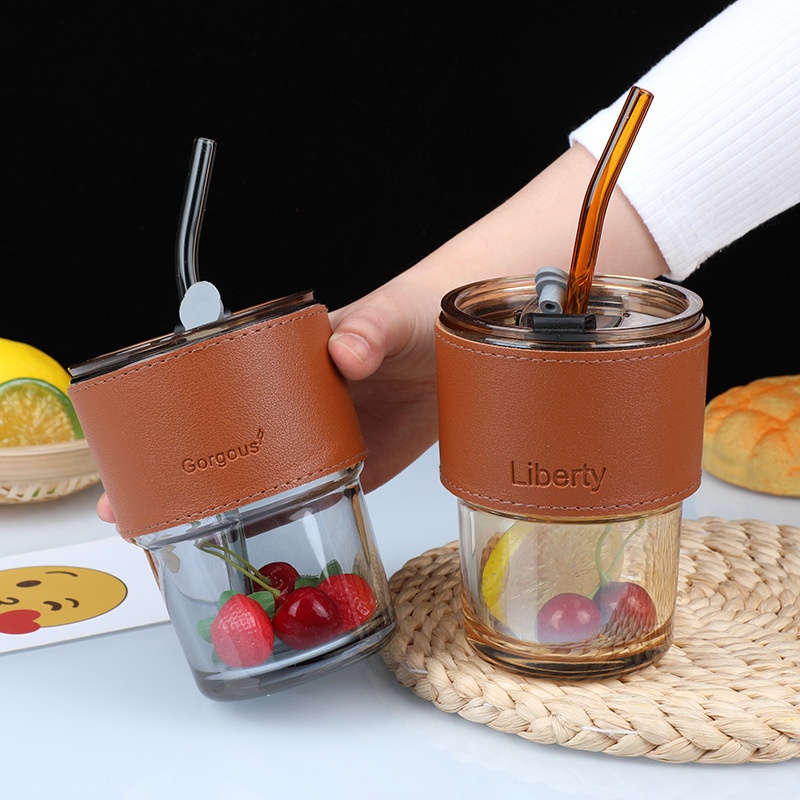 [VIP] Cốc Thủy Tinh, Ly Đựng Nước Bọc Da Kèm Ống Hút Sang Trọng (Dung Tích 450ML)