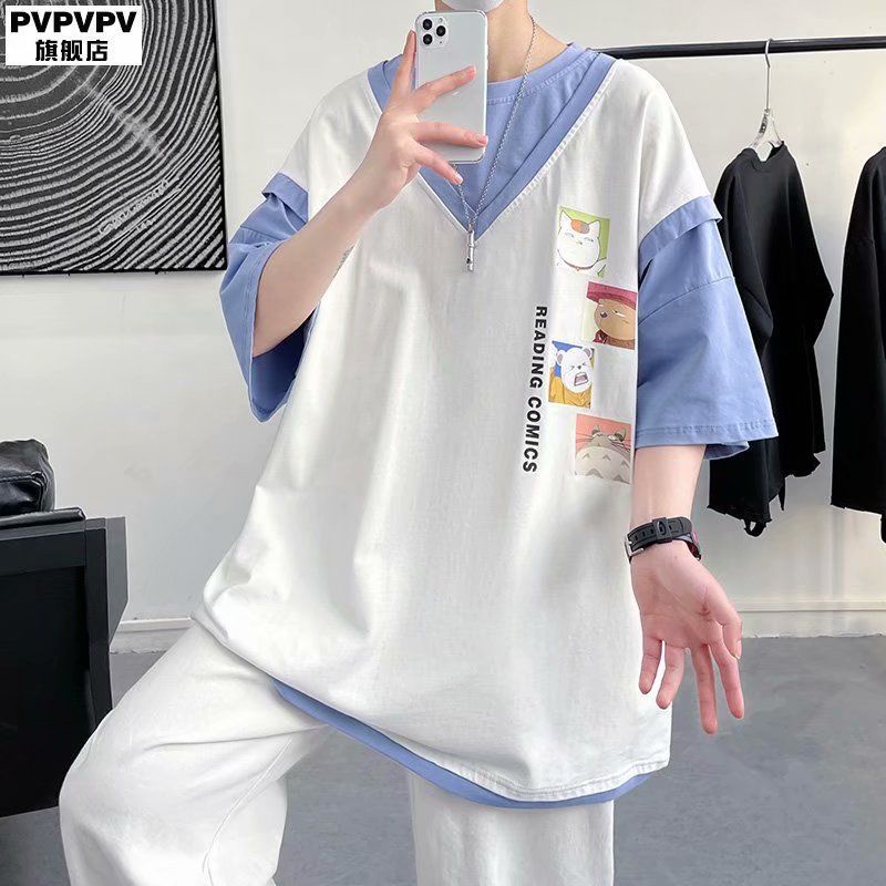 Áo Thun Ngắn Tay Giả Hai Lớp Phong Cách Hàn Quốc Dành Cho Nam