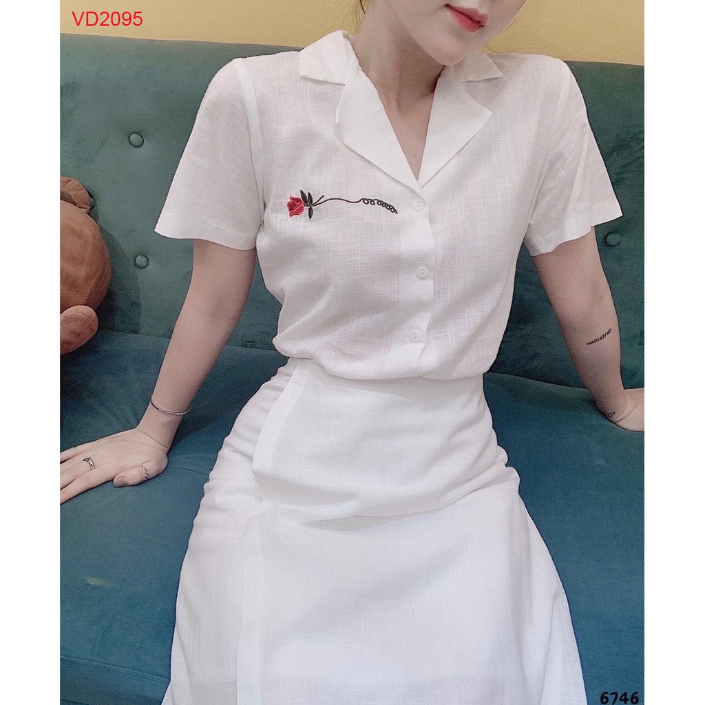 Áo sơ mi thêu hoa cùng chân váy/Set of Vest collar t-shirt that embroidered flower and skirt
