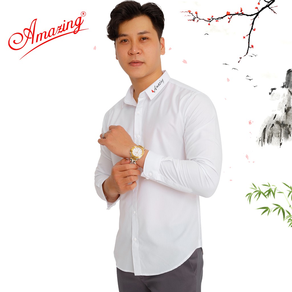 Sơ mi nam trắng kiểu Hàn Quốc, thêu sắc sảo, vải sợi tre mềm mịn mát, form body slim fit, hiệu Amazing, bigsize