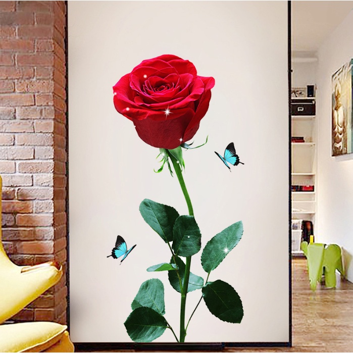 Decal giấy dán tường - mẫu Hoa Hông gai sắc đỏ rực rỡ