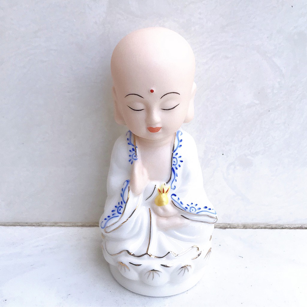 Bộ tượng Phật Quan Âm, Thích ca, Địa tạng gốm sứ áo trắng viền xanh đế sen phong thủy