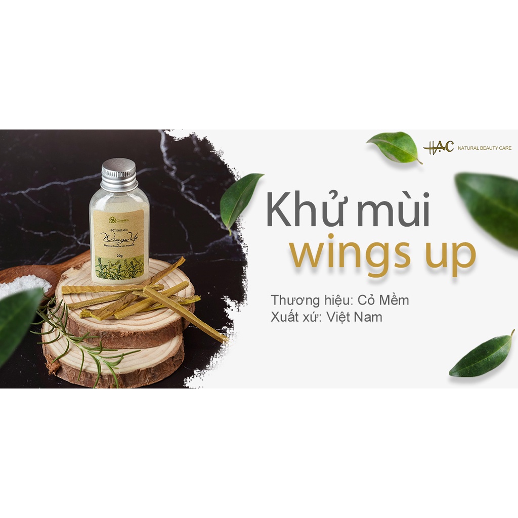 Bột khử mùi Wings Up, khử mùi vùng da dưới cánh và chân làm sạch vi khuẩn và mùi hôi - Cỏ Mềm - HẠC Natural Beauty Care