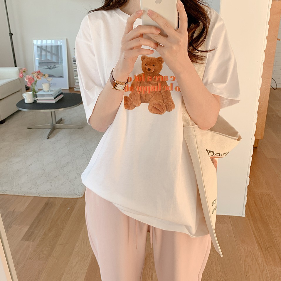 Áo Thun Nữ Tay Ngắn Dáng Rộng In Hình Gấu Dễ Thương Phong Cách Hàn Quốc 42035