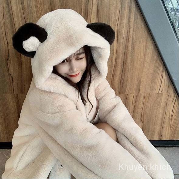 Áo khoác giả lông thỏ dày dặn mềm mại có mũ trùm tai gấu dễ thương thời trang thu đông cho nữ