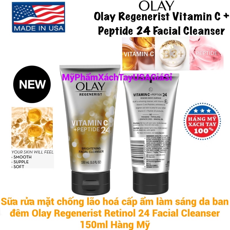 Sữa rửa mặt chống lão hoá trẻ hóa làng da Olay Regenerist Vitamin C+Peptide 24 Facial Cleanser 150ml