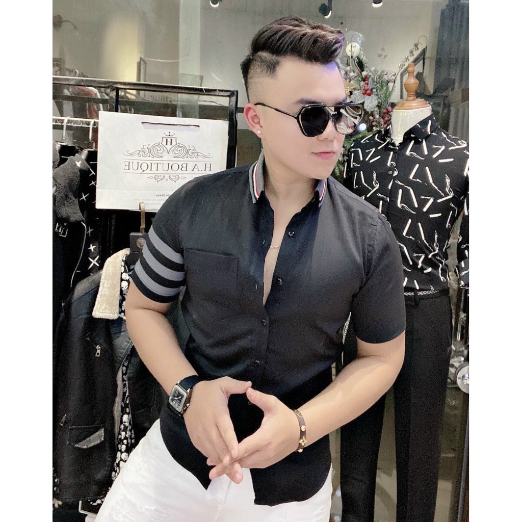 Áo Sơ Mi Nam Ngắn Tay Cổ Bo Chất Co giãn Bốn Chiều Mặc Mát Form Ôm Body Chuẩn Shop