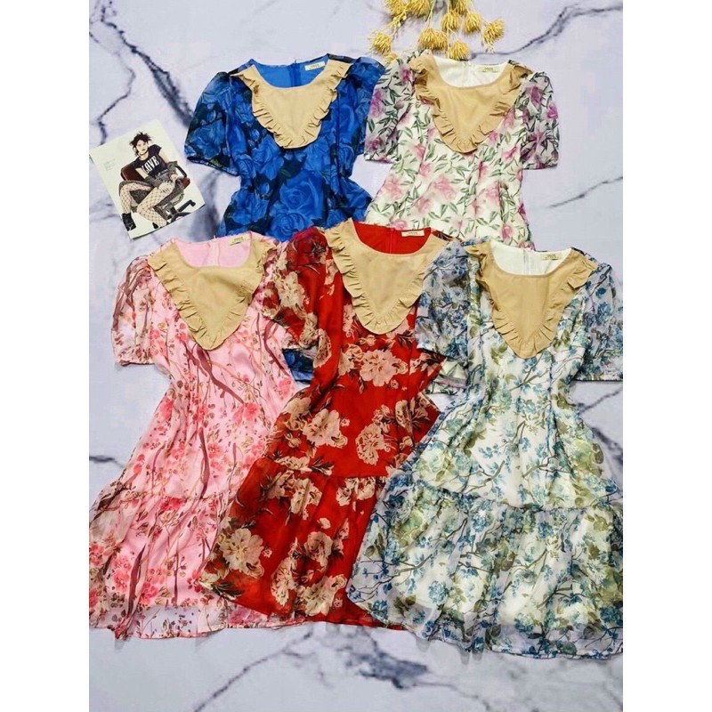 Đầm VINTAGE 2 Tầng Tay Ngắn Cổ Tròn Cao Cấp - Váy Tầng Chất Liệu VOAN Lụa Phối Họa Tiết Hoa cỏ mùa xuân | BigBuy360 - bigbuy360.vn