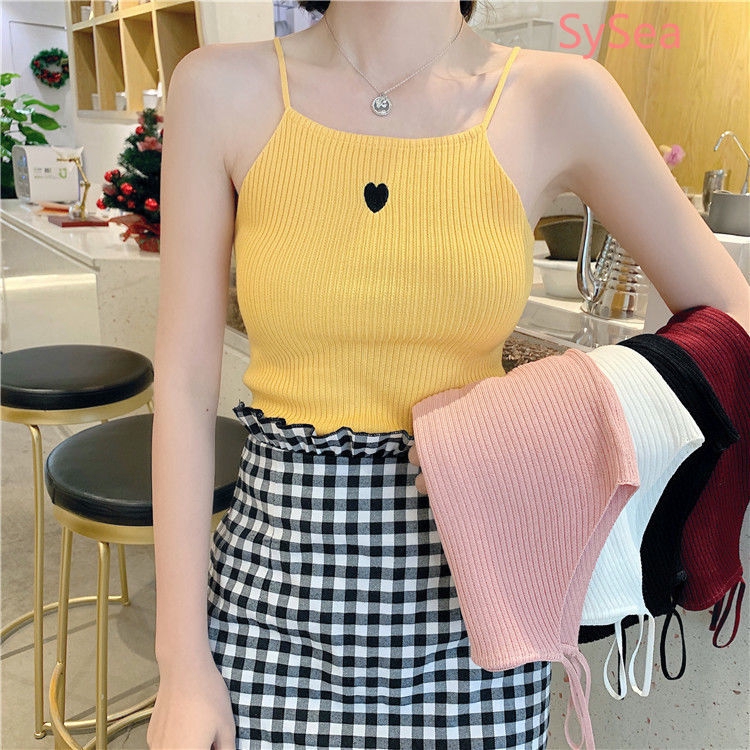 Áo yếm dệt kim thêu họa tiết trái tim dáng ôm dành cho nữ