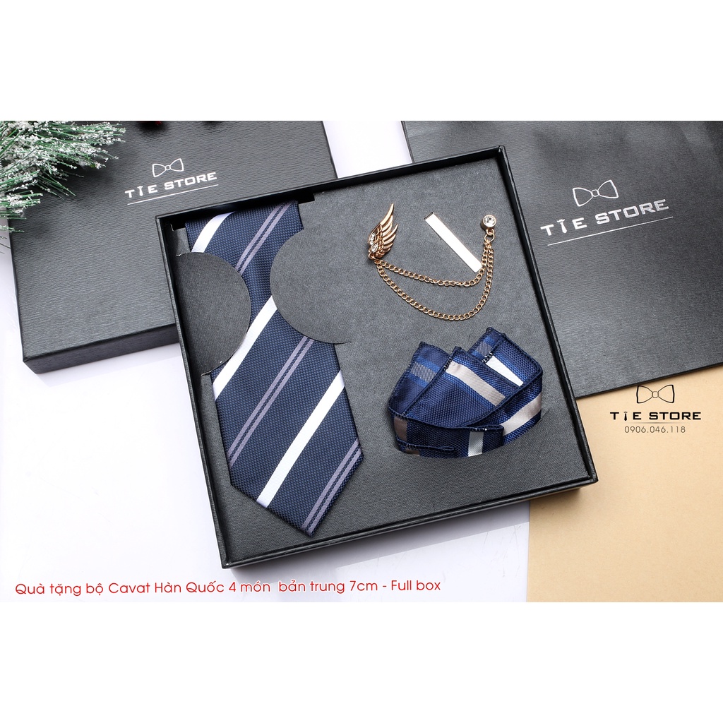 [ QUÀ TẶNG SẾP ] Cavat Bộ Cao Cấp Hàn Quốc 4 món Phụ Kiện - Full box kèm túi xách sang trọng, màu xanh kẻ trắng