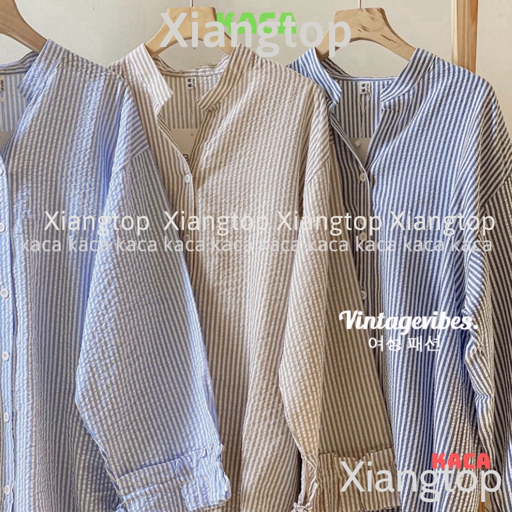 Áo sơ mi dáng rộng kẻ sọc cổ tàu tay phối bèo Ulzzang (hàng QC) - Ảnh thật kaca aosomicongsothietke | BigBuy360 - bigbuy360.vn