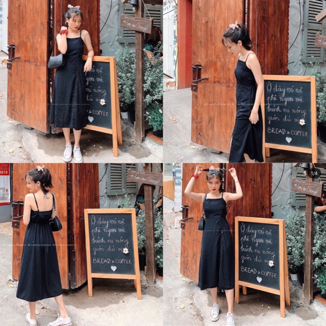 Đầm BamBi dress hai dây màu đen from suông basic vải lụa mịn điểm nhấn hàng nút có chun co giãn và váy có điều chỉnh | BigBuy360 - bigbuy360.vn