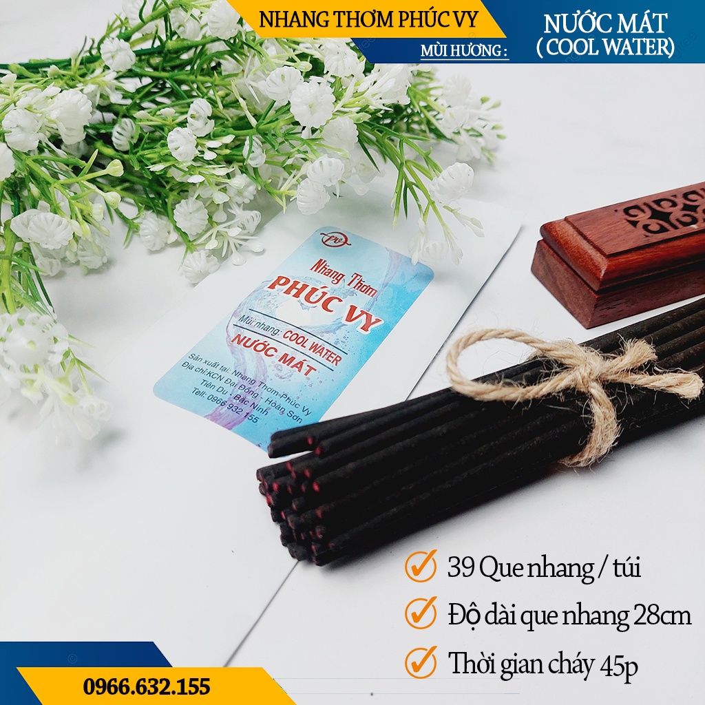 Nhang Thơm Phúc Vy Hương Nước Mát Cool Water  - Túi 39 Cây 28cm, Ít Khói, Thơm Nhẹ, Dễ Chịu, Không kích mũi