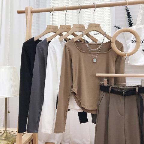 SUXI Áo Thun Tay Dài Cổ Vuông Màu Sắc Thời Trang Cho Nữ