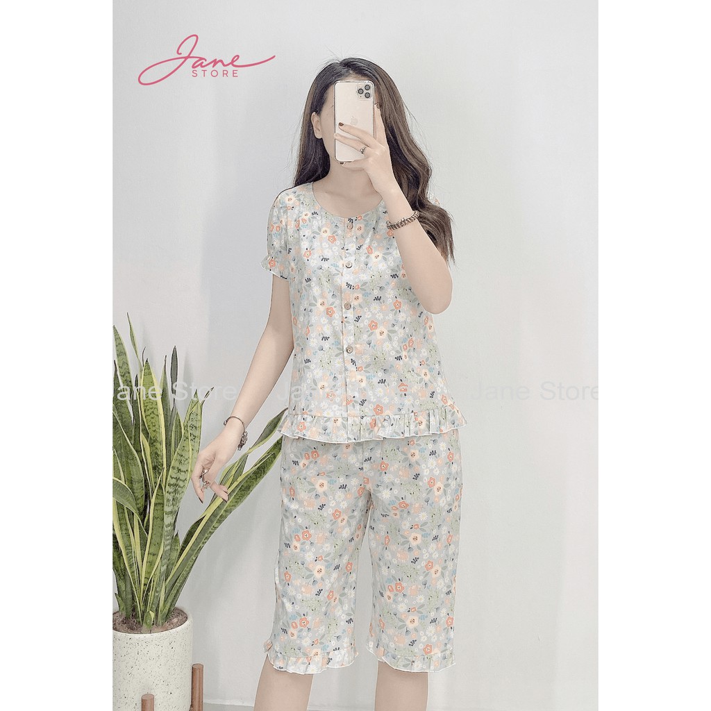 Đồ bộ mặc nhà áo cộc quần lửng Set đồ ngủ nữ màu xám hoa nhí Jane mã LT02