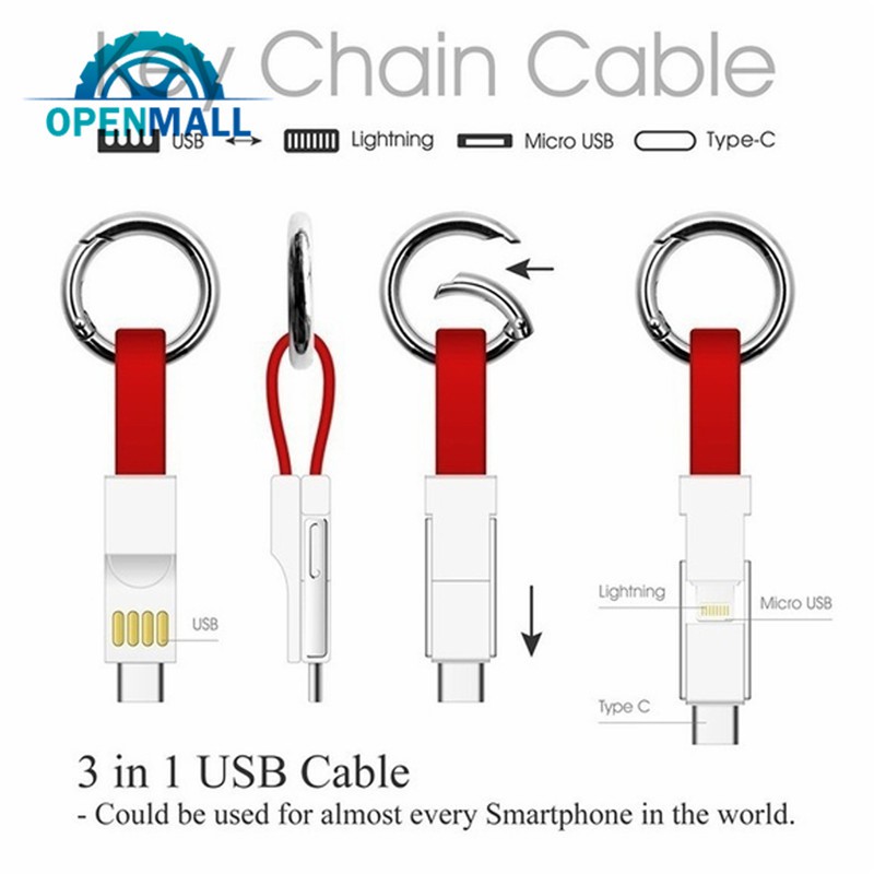 Cáp sạc/truyền dữ liệu đầu cắm/Micro USB/Type-C 3 trong 1 kèm vòng khóa tiện lợi cho ĐT