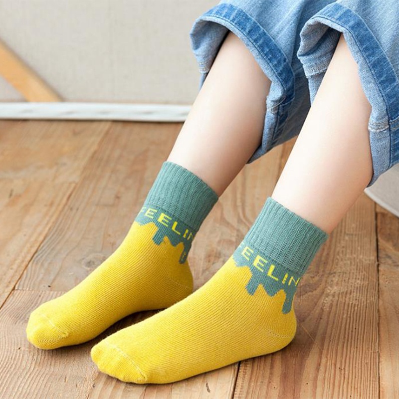 Bộ 5 Đôi Vớ Cotton Họa Tiết Chữ Cái Màu Sắc Tương Phản Giữ Ấm Mùa Đông Cho Bé