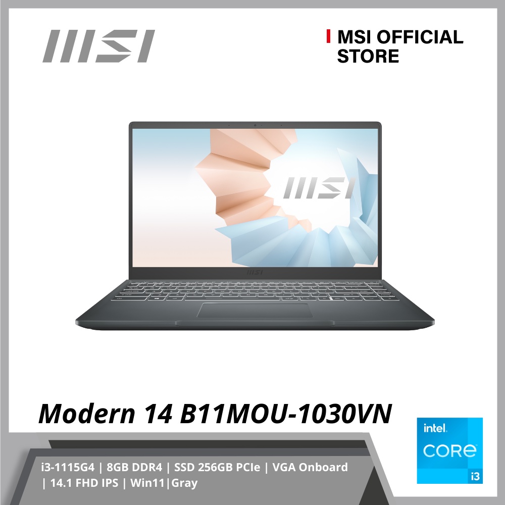 Laptop MSI Modern 14 B11MOU-1030VN (i3-1115G4 | 8GB DDR4 | SSD 256GB PCIe | VGA Onboard | 14.1 FHD IPS | Win11|Gray)